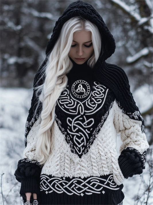 Viking Embroidered Celtic Contrast Color Cozy Chunky Hooded Sweater elevenforest