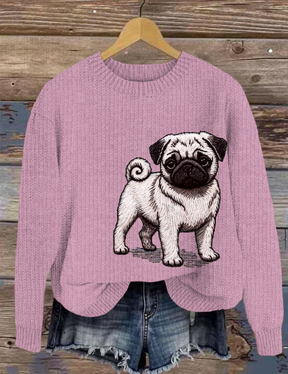 Comstylish Cute Pug Embroidery Art Women's Cozy Sweater
