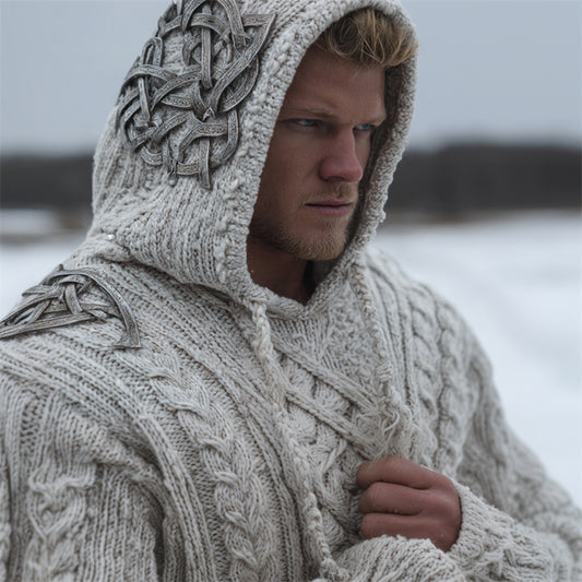 Men's Vintage Silver Viking Celtic Knot Cozy Chunky Hooded Sweater artswardrobe