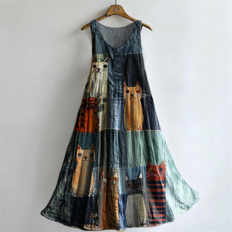 Women's Cat Patchwork Colorblock Art Print Round Neck Sleeveless Cotto
