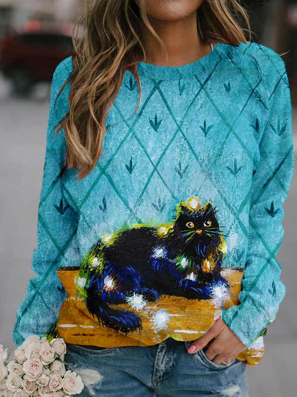 Black Santa Cat In Lights Art Comfy Sweatshirt elevenforest