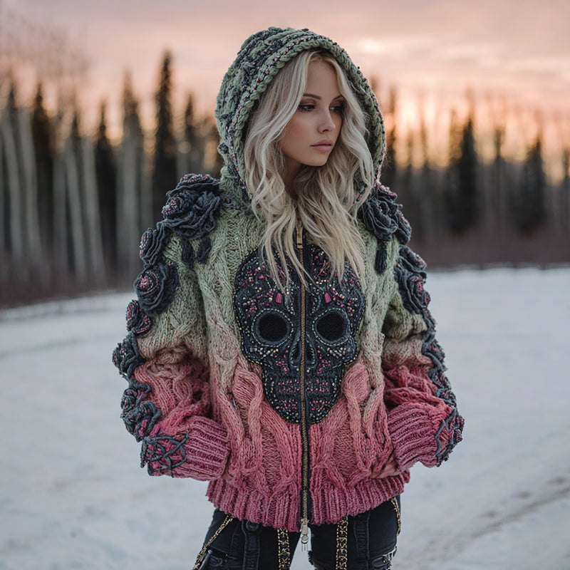 Women's Vintage Celtic Skull Gradient Art Cozy Knitted Hooded Cardigan artswardrobe