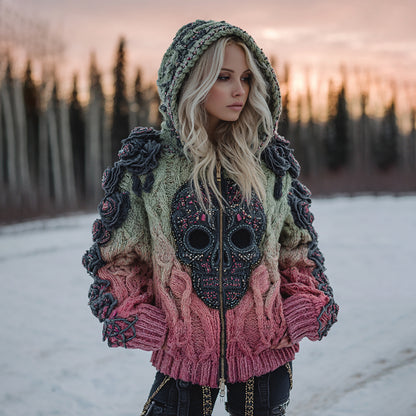 Women's Vintage Celtic Skull Gradient Art Cozy Knitted Hooded Cardigan artswardrobe