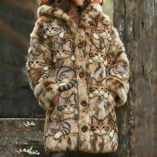 Comstylish Leopard Print Cat Warm Flannel Hooded Long Cardigan