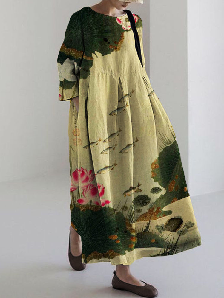 Fish & Lotus Pond Japanese Art Linen Blend Maxi Dress