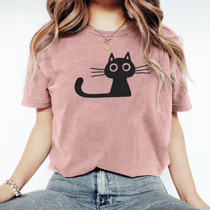 Comstylish Cute Cat Print Crew Neck Vintage Cozy T Shirt
