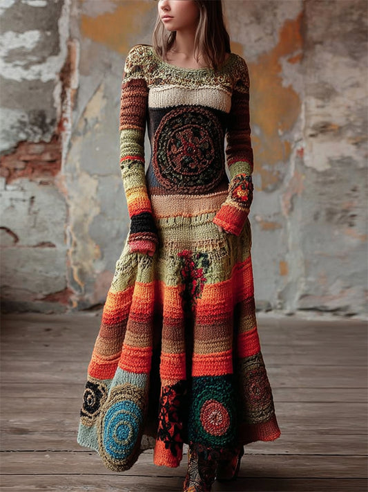 Boho Mandala Crochet Geometric Colorblock Maxi Sweater Dress artswardrobe