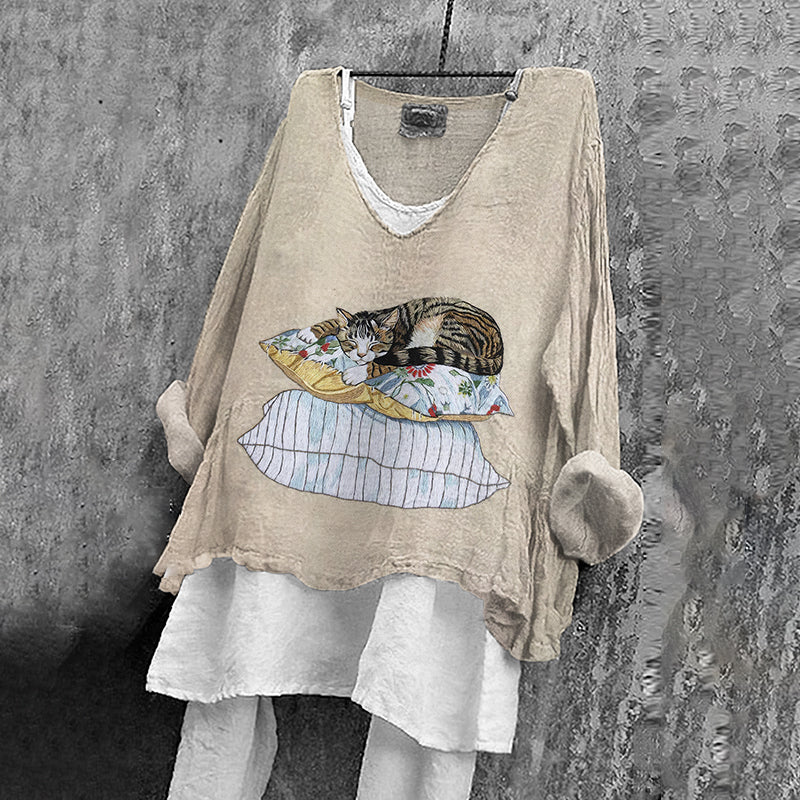 Comstylish Vintage Cat Embroidery Art Linen Blend Blouse