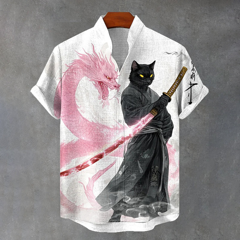 Men's Retro Dragon Black Cat Samurai Art Print Short Sleeve Shirt elevenforest