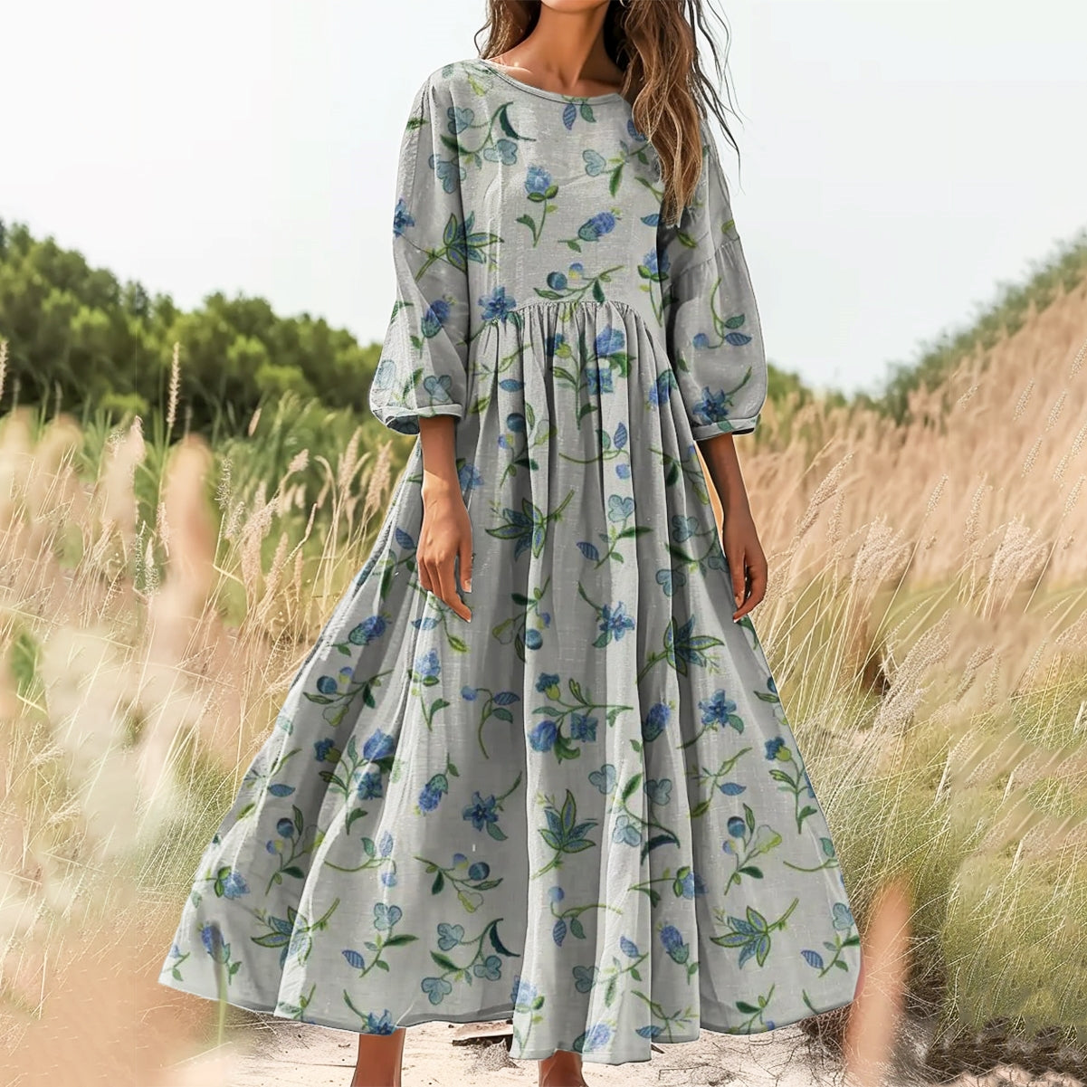 Women's Floral Art Print Cotton Crew Neck Dress