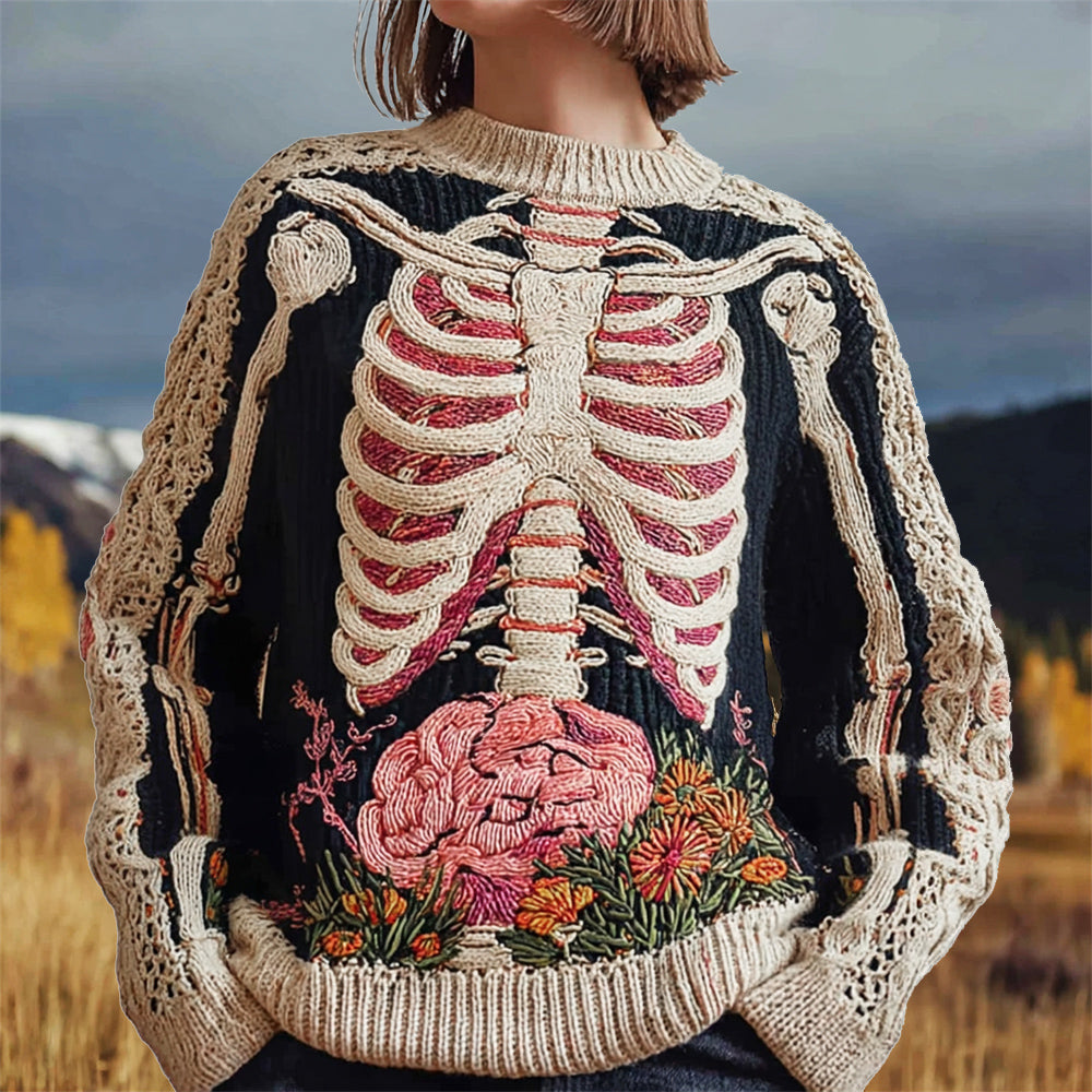 Vintage Human Anatomy Skeleton Embroidery Women's Knit Crew Neck Sweater artswardrobe