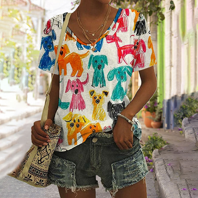 Comstylish Women's Dogs Print V Neck T-Shirt