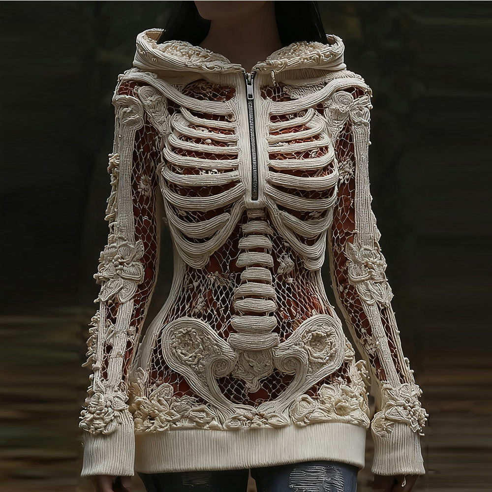 Women's Halloween Skull Sequin Art Knitted Warm Half-zip Hooded Sweater artswardrobe