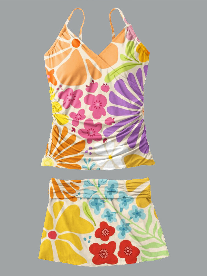 V-Neck Vintage Flowers Print Suspender Skirt Tankini Pantskirt Set Swimsuit