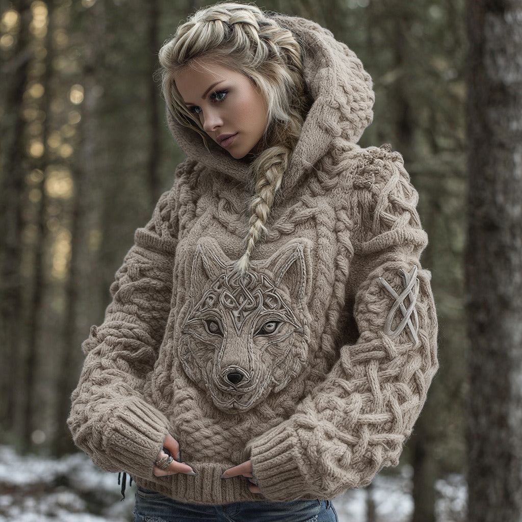 Women's Viking Celtic Wolf Knit Jacquard Warm Hooded Sweater artswardrobe