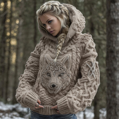 Women's Viking Celtic Wolf Knit Jacquard Warm Hooded Sweater artswardrobe