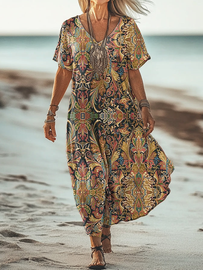 Women's Retro Ethnic Totem Print V Neck Short Sleeve Cotton Pocket Dre