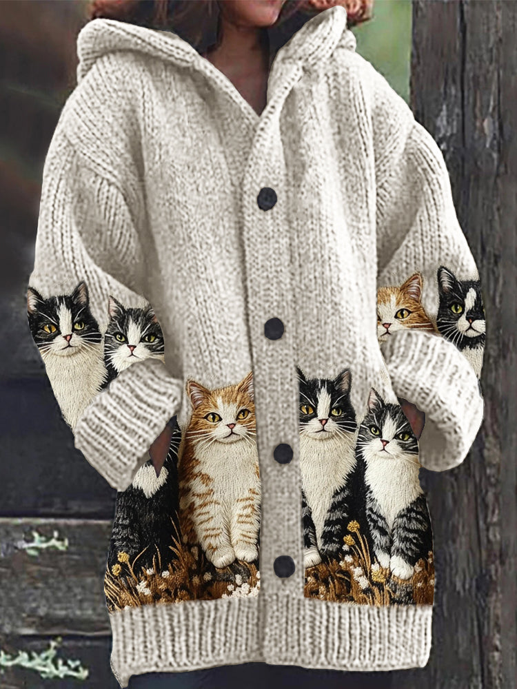 Fuzzy Cats Embroidered Cozy Knit Hooded Cardigan elevenforest