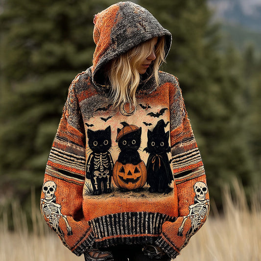 Halloween Funny Black Cat Jacquard Knitted Hooded Sweater elevenforest
