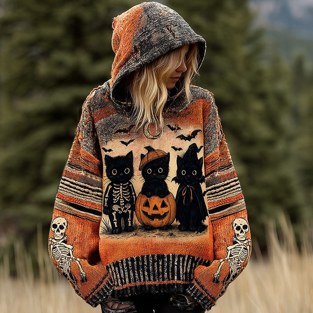 Comstylish Halloween Funny Black Cat Jacquard Knitted Hooded Sweater