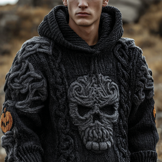 Halloween Men's Skull Element Hooded Knit Sweater artswardrobe