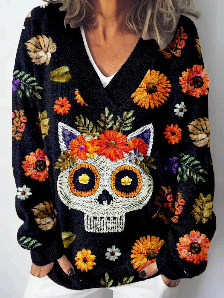 Sugar Skull Cats Embroidered V Neck Cozy Knit Sweater elevenforest