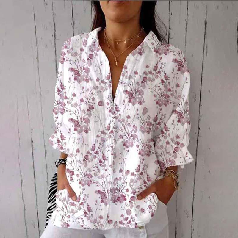 Comstylish Women's Watercolor Small Floral Print Casual Linen Shirt