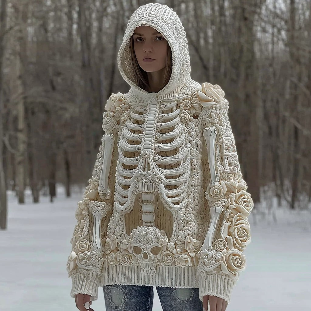 Women's Halloween Skeleton Anatomy Art Knitted Hooded Sweater artswardrobe
