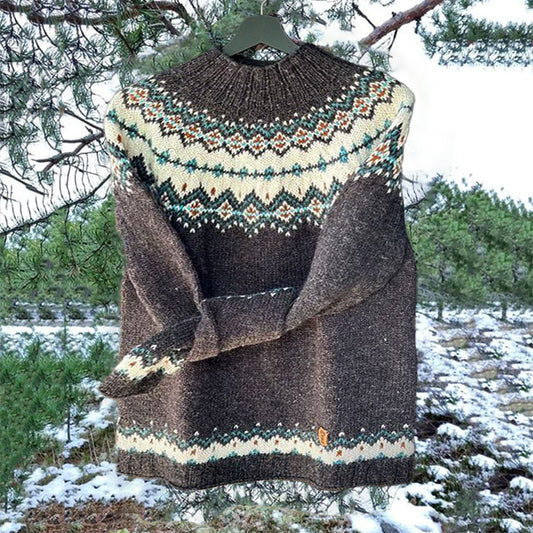 Vintage Gray Icelandic Knit Jacquard Warmth Crew Neck Sweater Unisex elevenforest