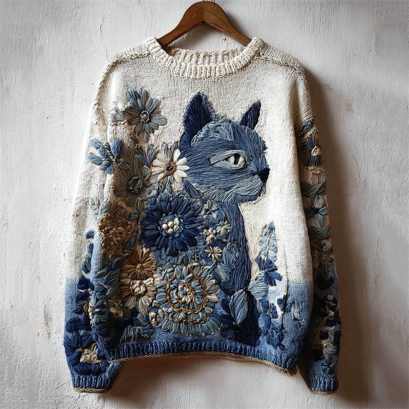 Comstylish Vintage Cat Floral Embroidered Gradient Cozy Knit Sweater