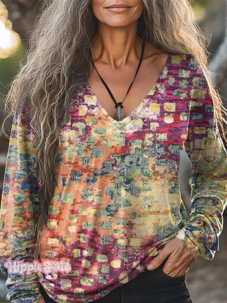 Women's Vintage Abstract Art Print Casual V-neck Long Sleeve Cotton T-