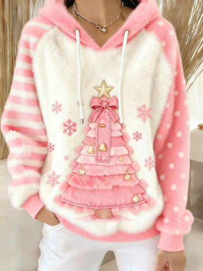 Christmas Tree Colorblock Art Women's Cozy Plush Hooded Sweater