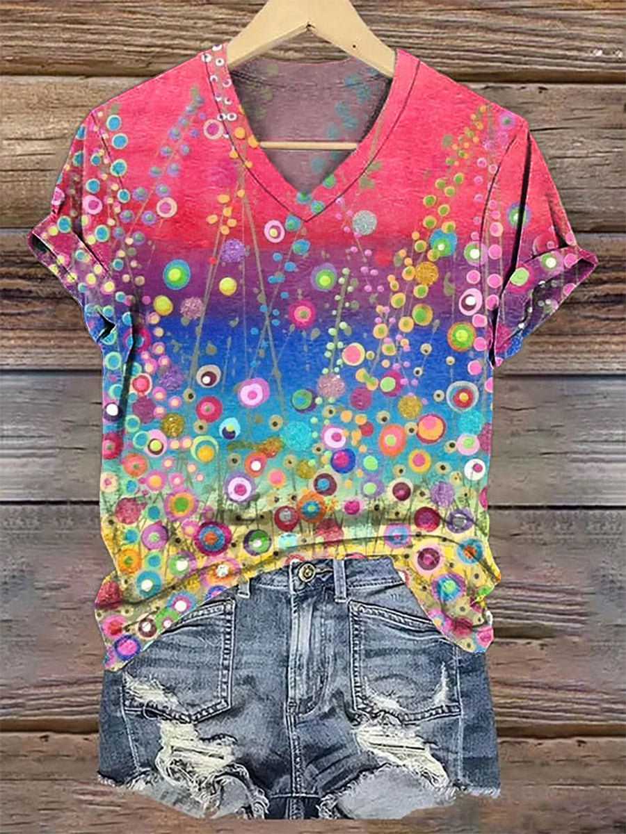 Women's Gradient Floral Art Print V-Neck Casual T-Shirt