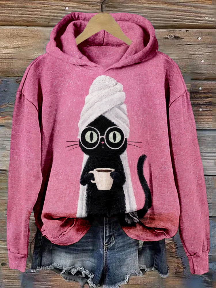 Comstylish Silly Black Cat Coffe Art Vintage Cozy Hoodie