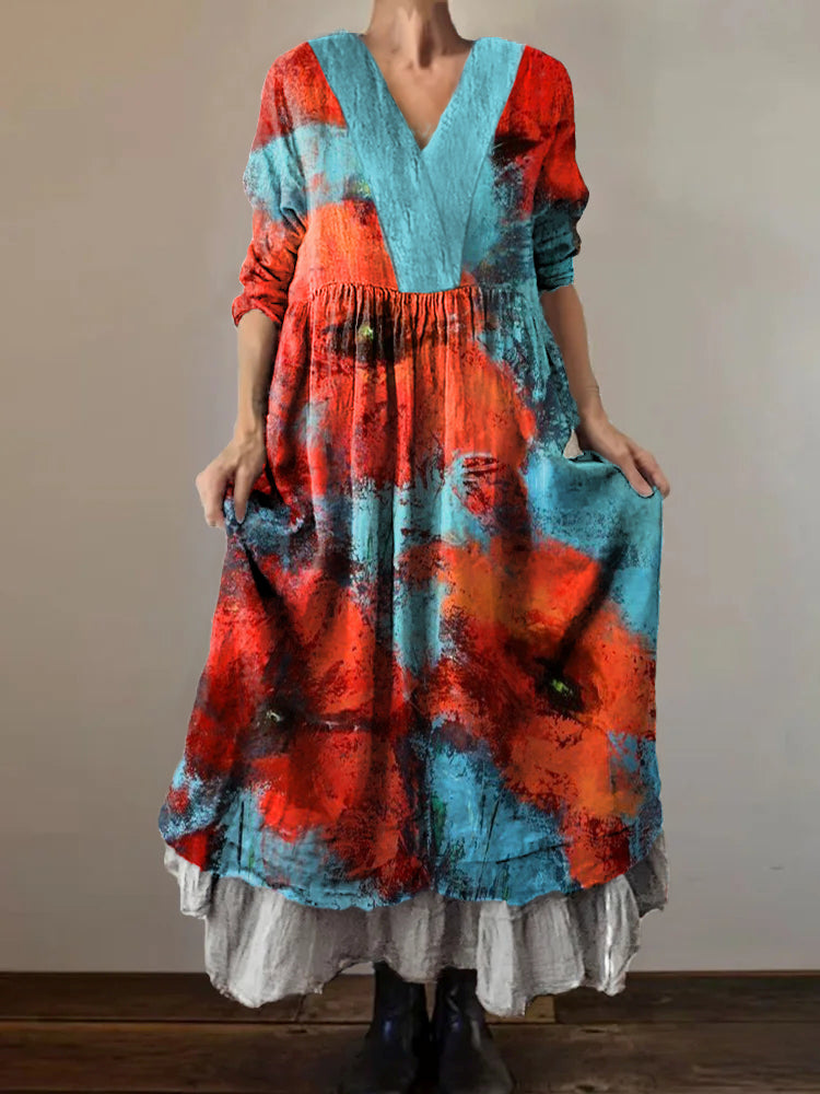 Women's Poppy Flowers Art Pattern Print V-Neck Pocket Cotton Dress