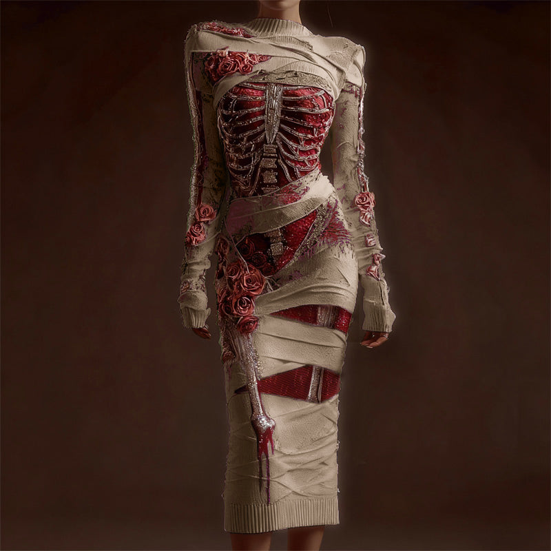 Classy Skeleton Anatomy Bloody Roses Bandages Maxi Sweater Dress artswardrobe