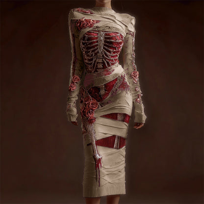 Classy Skeleton Anatomy Bloody Roses Bandages Maxi Sweater Dress artswardrobe