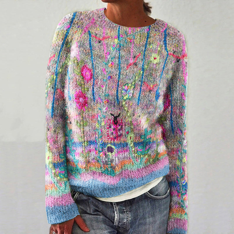 Vintage Floral Print Knitted Pullover Sweater elevenforest
