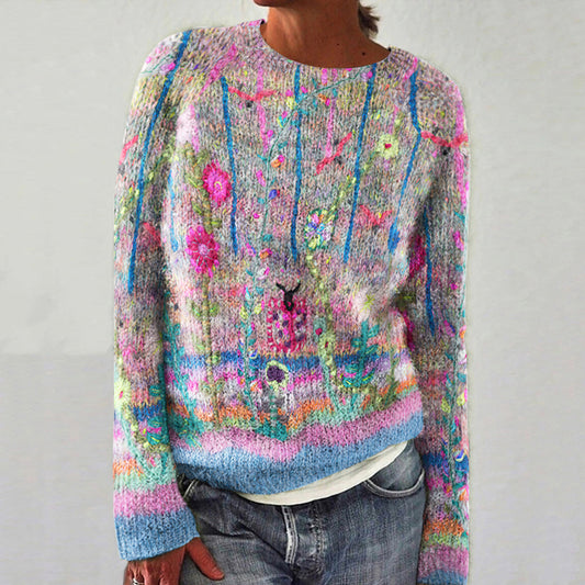 Vintage Floral Print Knitted Pullover Sweater elevenforest