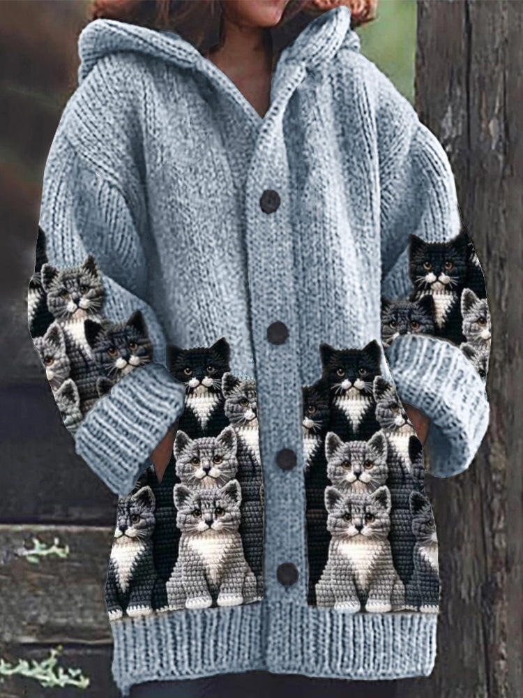 Comstylish Crowded Cats Crochet Art Cozy Knit Hooded Cardigan