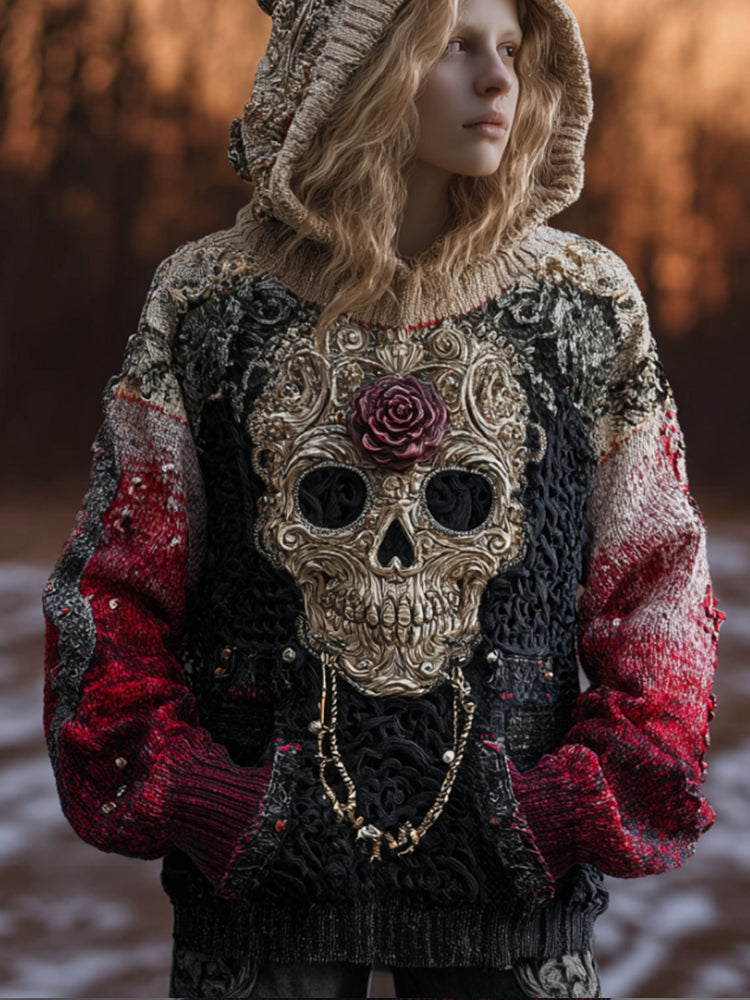 Women's Vintage Skull Flower Bloodstain Thick Needle Hooded Sweater artswardrobe