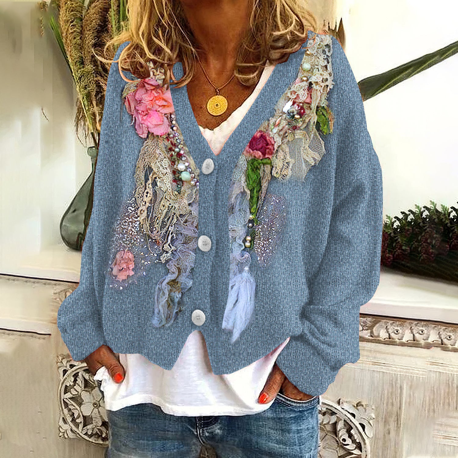 Vintage Lace Art And Floral Button Cozy Sweater Cardigan artswardrobe