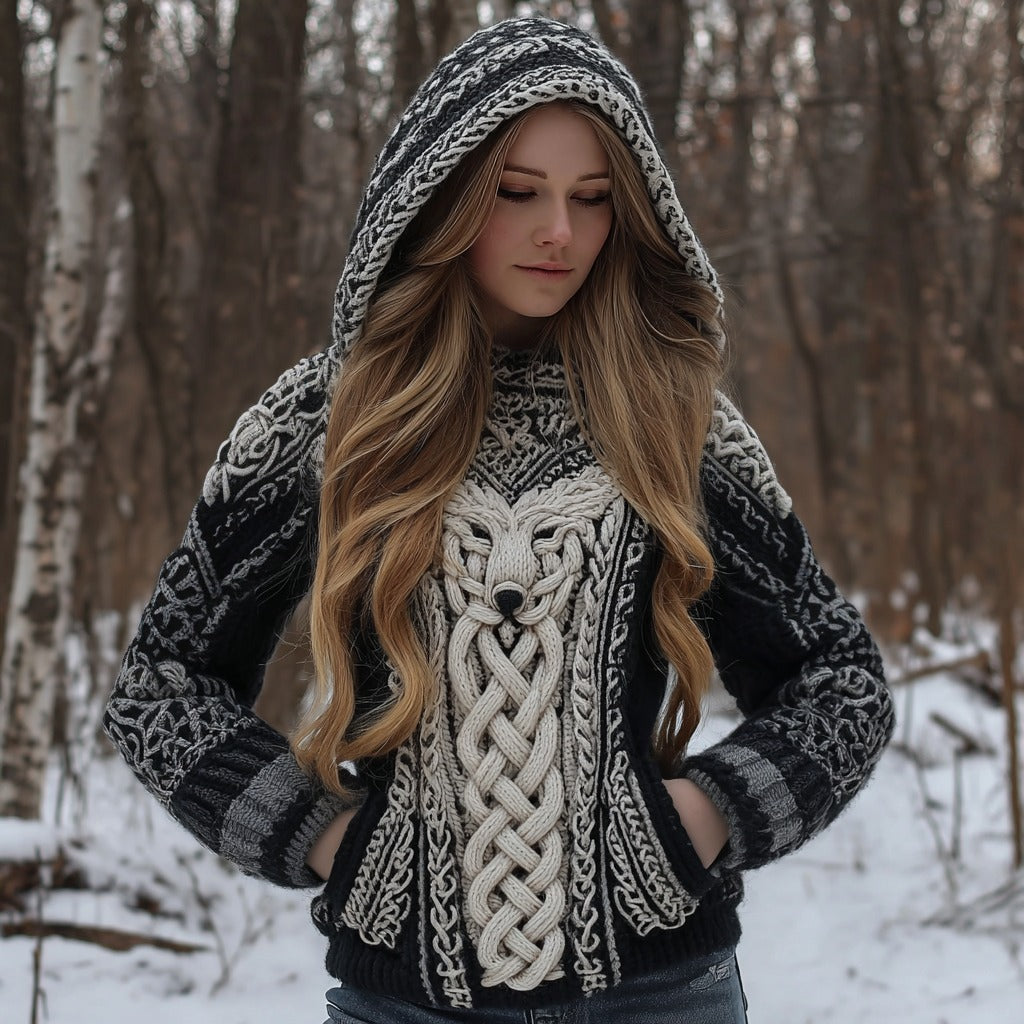 Women's Vintage Viking Celtic Wolf Knit Jacquard Hooded Sweater artswardrobe