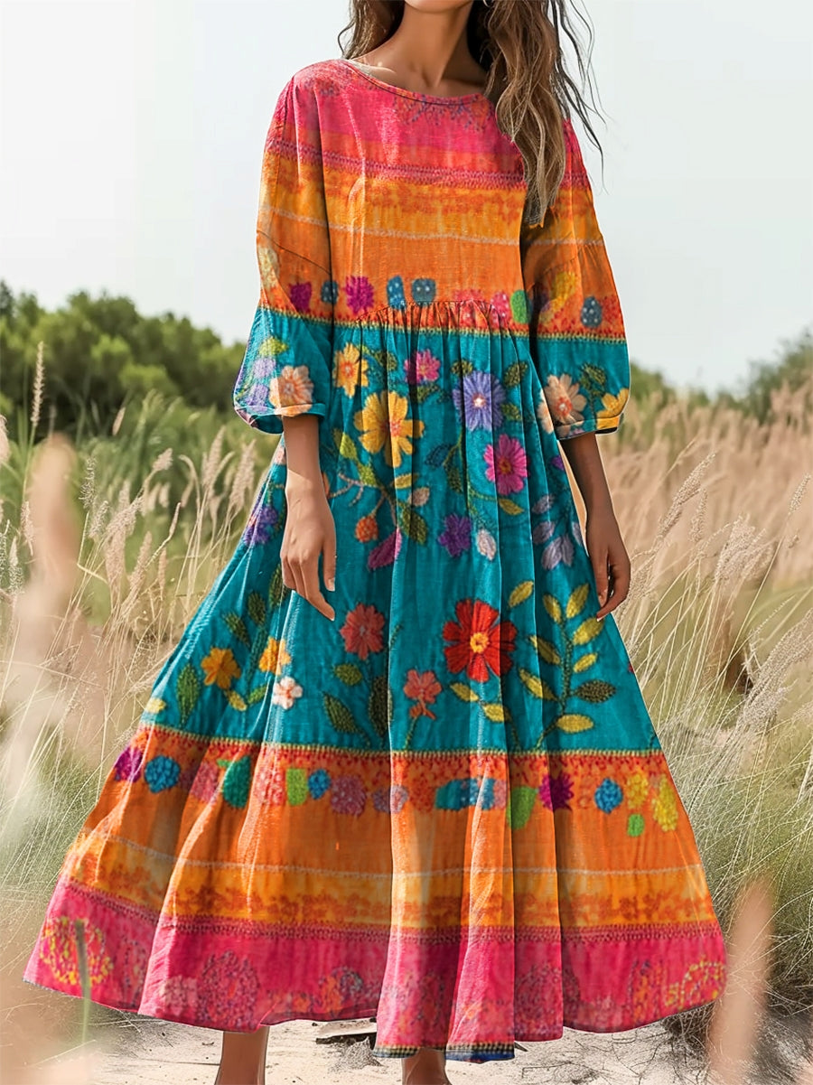 Women's Bohemian Floral Collage Print Flowy Cotton Crew Neck Dress