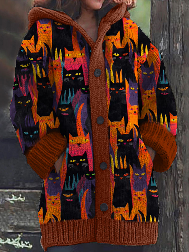 Colorful Cat Pattern Cozy Hooded Cardigan artswardrobe