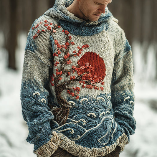 Japanese Red Sun & Ocean Art Men's Knit Hooded Sweater elevenforest
