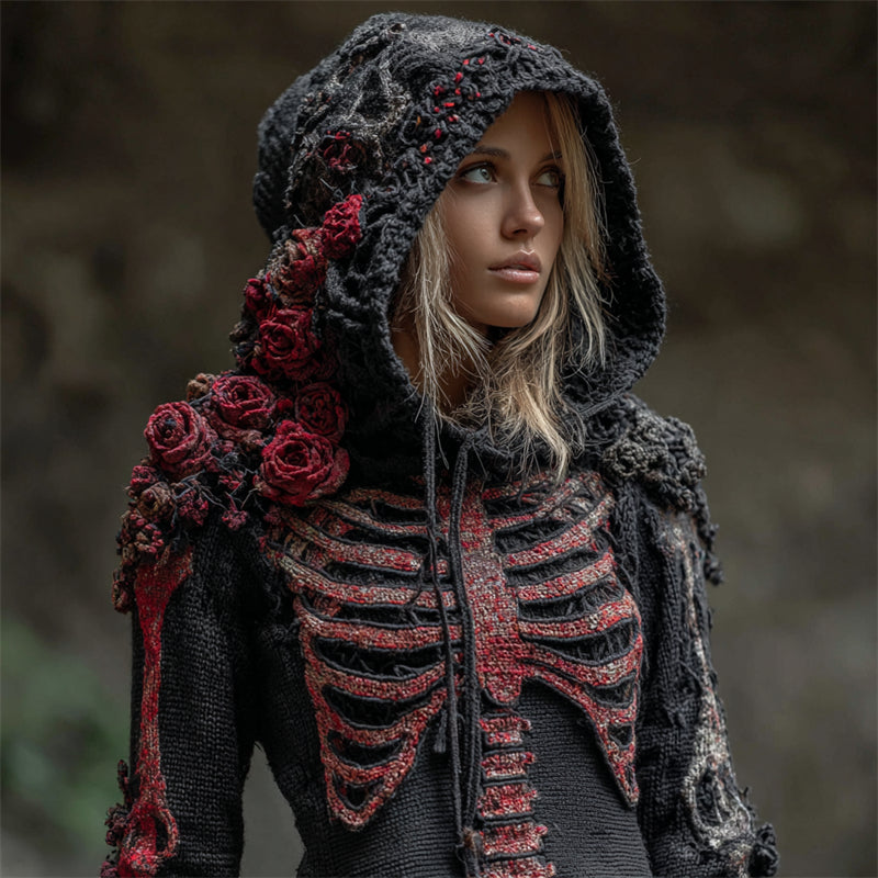 Vintage Bloody Red Roses Skeleton Crochet Cozy Knit Hooded Sweater artswardrobe