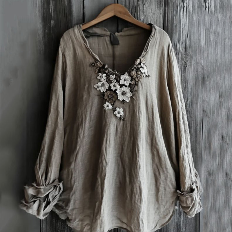 Comstylish Vintage Floral Embroidered Long Sleeve Comfy Shirt