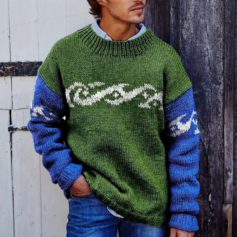 Retro Blue Green Color Contrast Surf Jacquard Sweater elevenforest