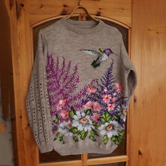 Vintage Purple Awareness Flowers Birds Art Pattern Cozy Sweater elevenforest